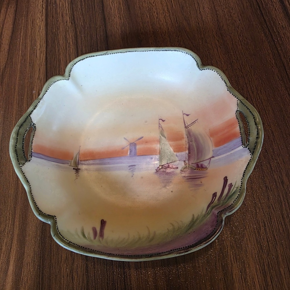 Nippon Hand Painted Porcelain Bowl Nut Dish Sailboat Windmill Sunset Moriage 7in